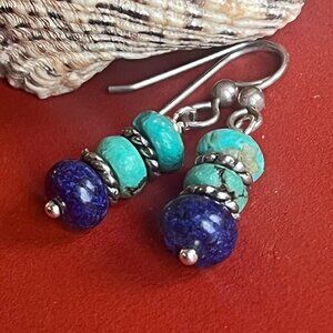 Boho Lapis Lazuli & Turquoise Dangle Earrings, Bali Silver Southwest Jewelry